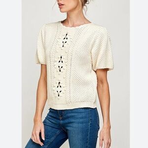 SEE AND BE SEEN Pullover Sweater Short Puff Sleeves Embroidered Heritage Retro L